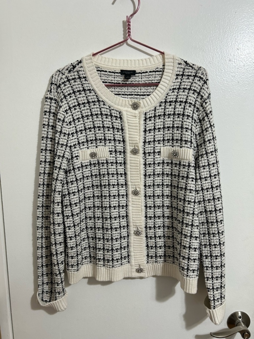 NWT Ann Taylor Navy Blue and White Cardigan Jacket, size large